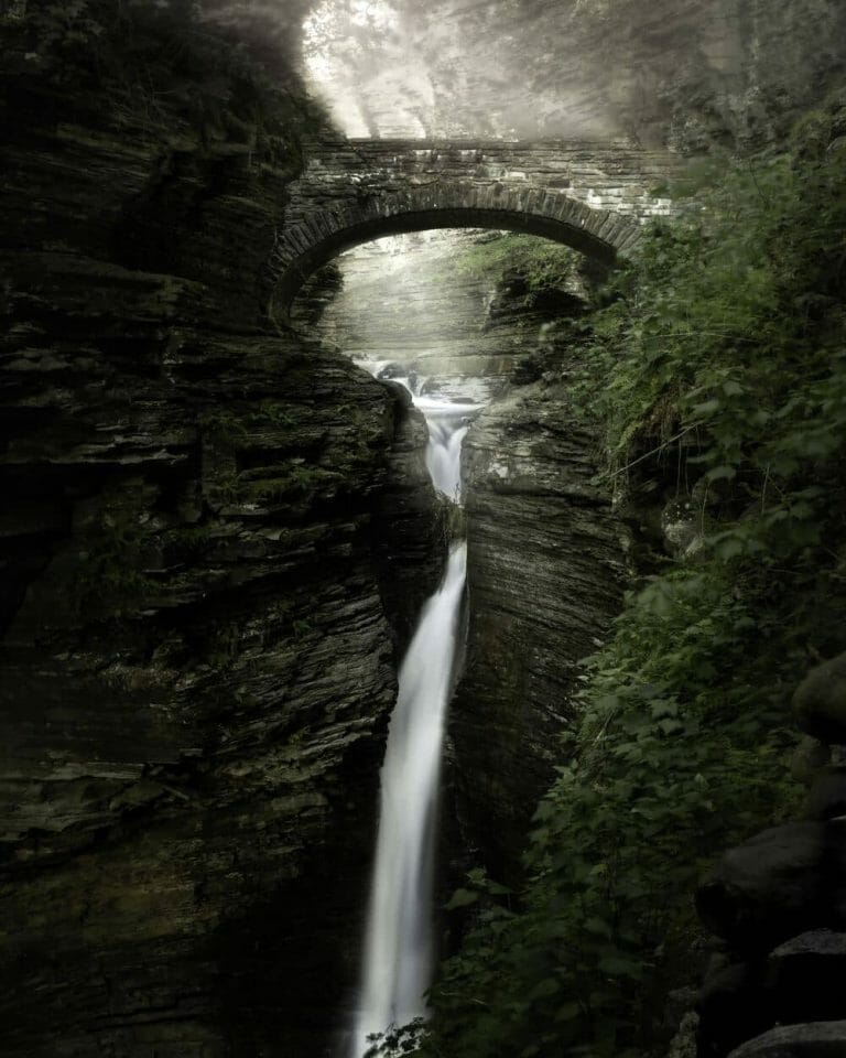 An image of a waterfall in a gorge with a bridge providing short answers to some frequently asked questions.